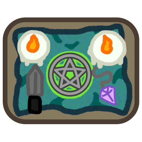 a brown rounded rectangle with a teal fabric ontop which is highlighted / outlined in green, ontop of the fabric is 2 candles in the top two corners, grey pentacle in the center which is highlighted / outlined in green, an athame on the left side and a purple pendulum on the right side 